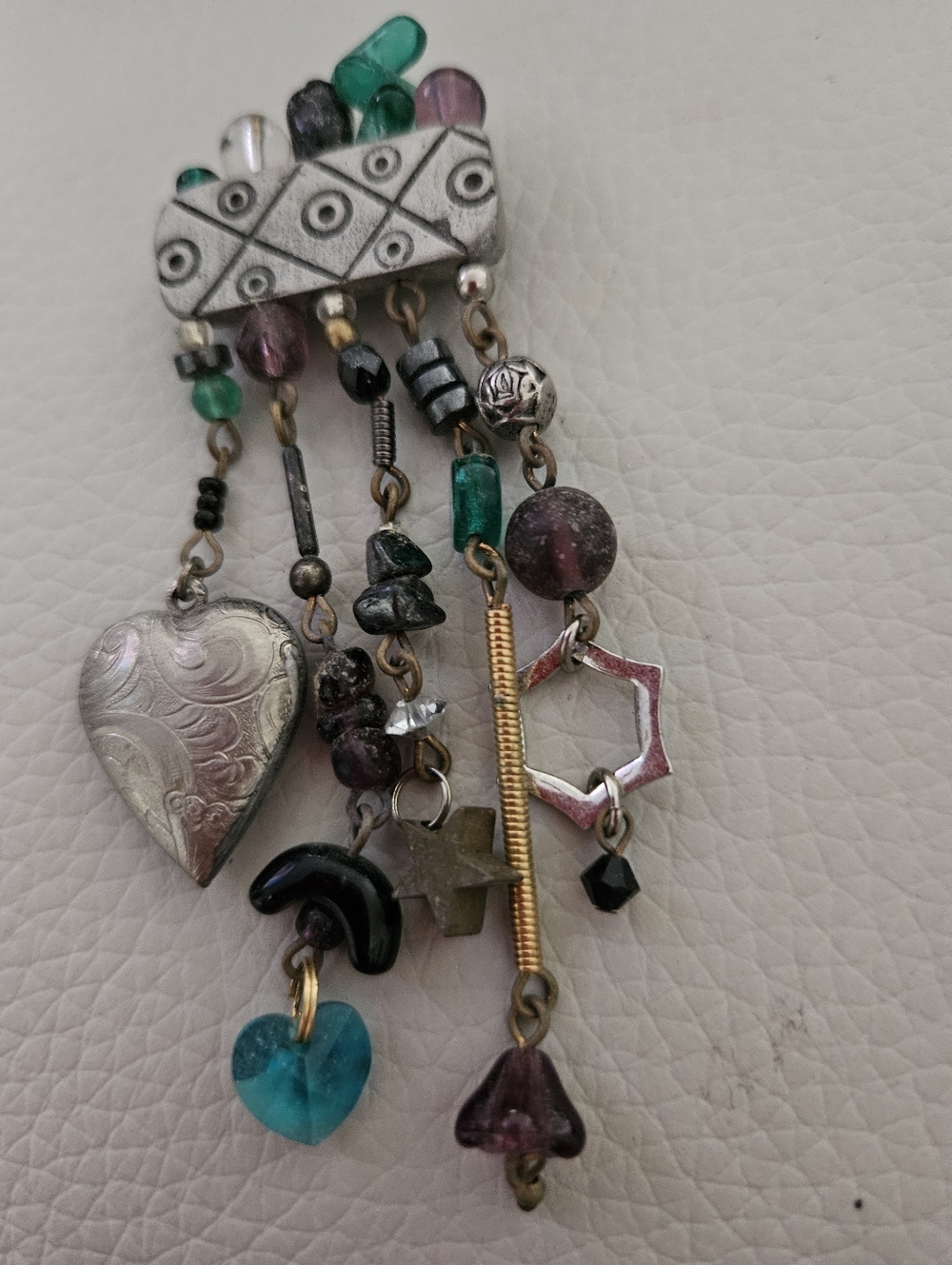 Handmade Multi-Charms Heart Brooch - Teal, Purple & Silver $12 3×11/2
